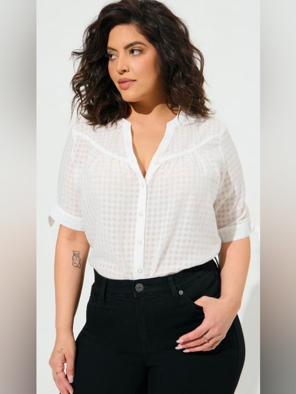 Torrid Window Pane Button Front Tie Sleeve Top Size 2 = 18/20